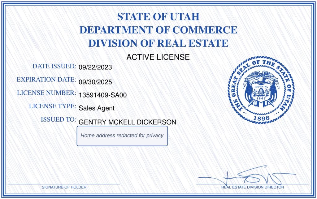 Utah Division of Real Estate license certificate for Gentry Dickerson, Sales Agent, license number 13591409-SA00, home address redacted